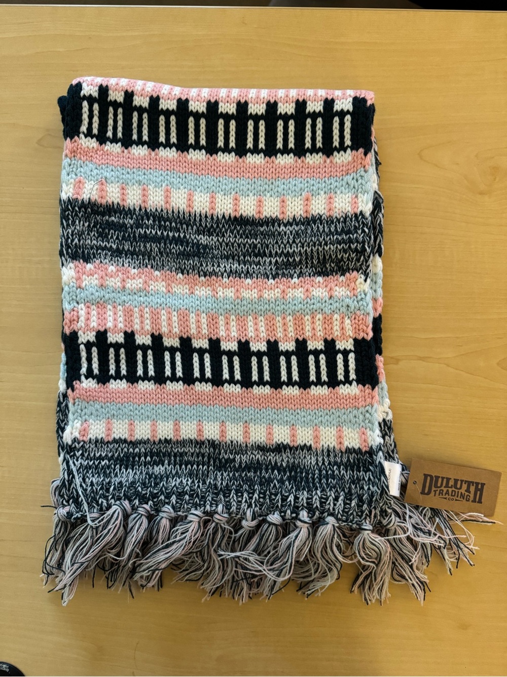Duluth Trading Company Holiday Knit Scarf Blue Pink Green White Black NWT